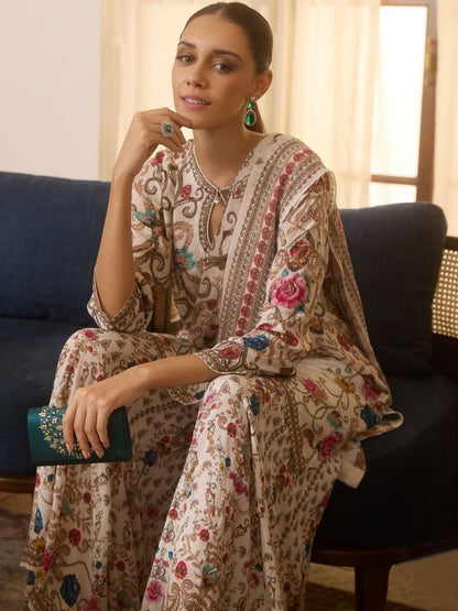 Dhiyona AN Ethnic Motifs Printed Keyhole Neck Straight Kurta With Sharara & Dupatta