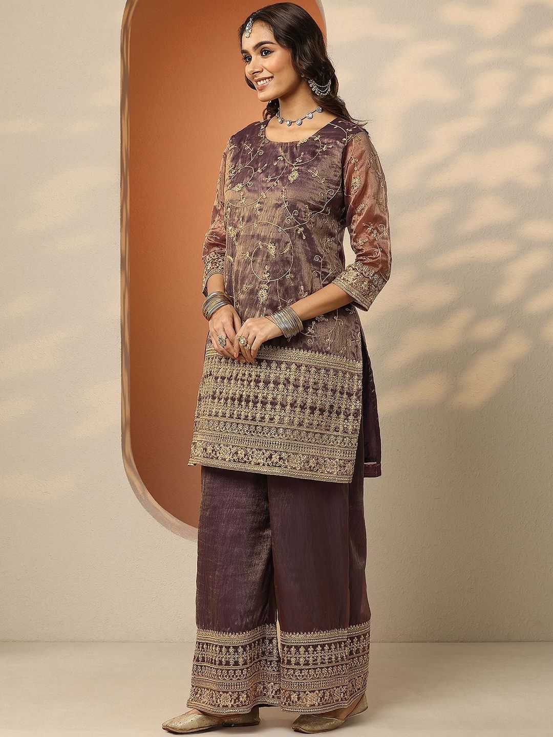 Dhiyona LL Women Ethnic Motifs Embroidered Regular Thread Work Kurta with Palazzos & With Dupatta