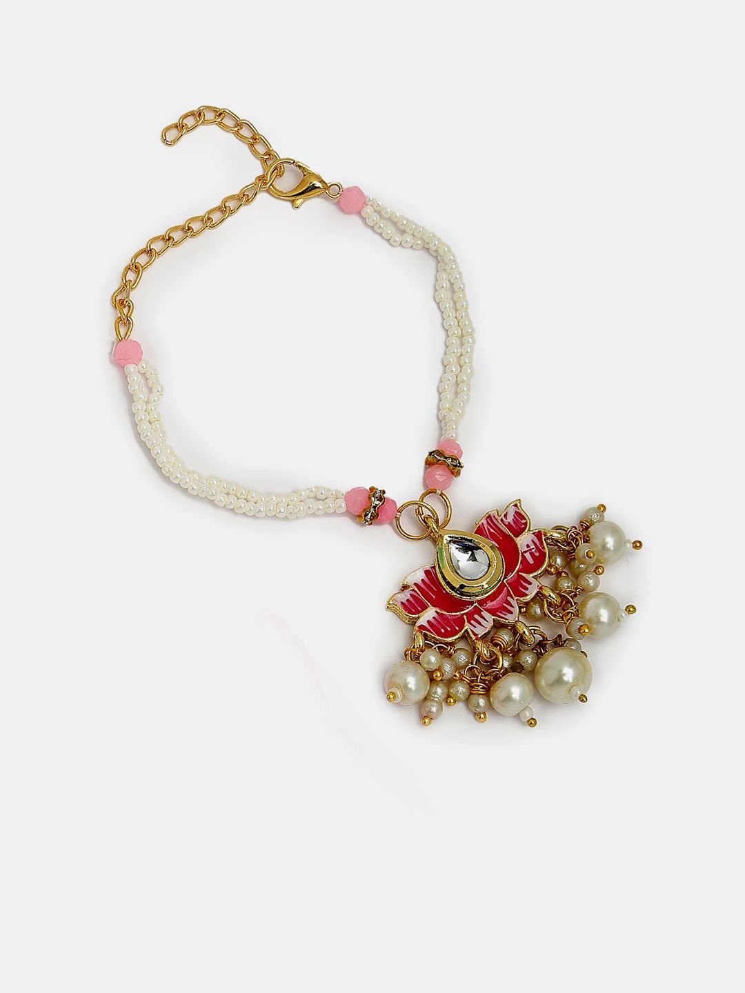 Dhiyona Unisex Set Of 2 Pink Lotus Shape Kundan-Studded & Beaded Wraparound Rakhi Set