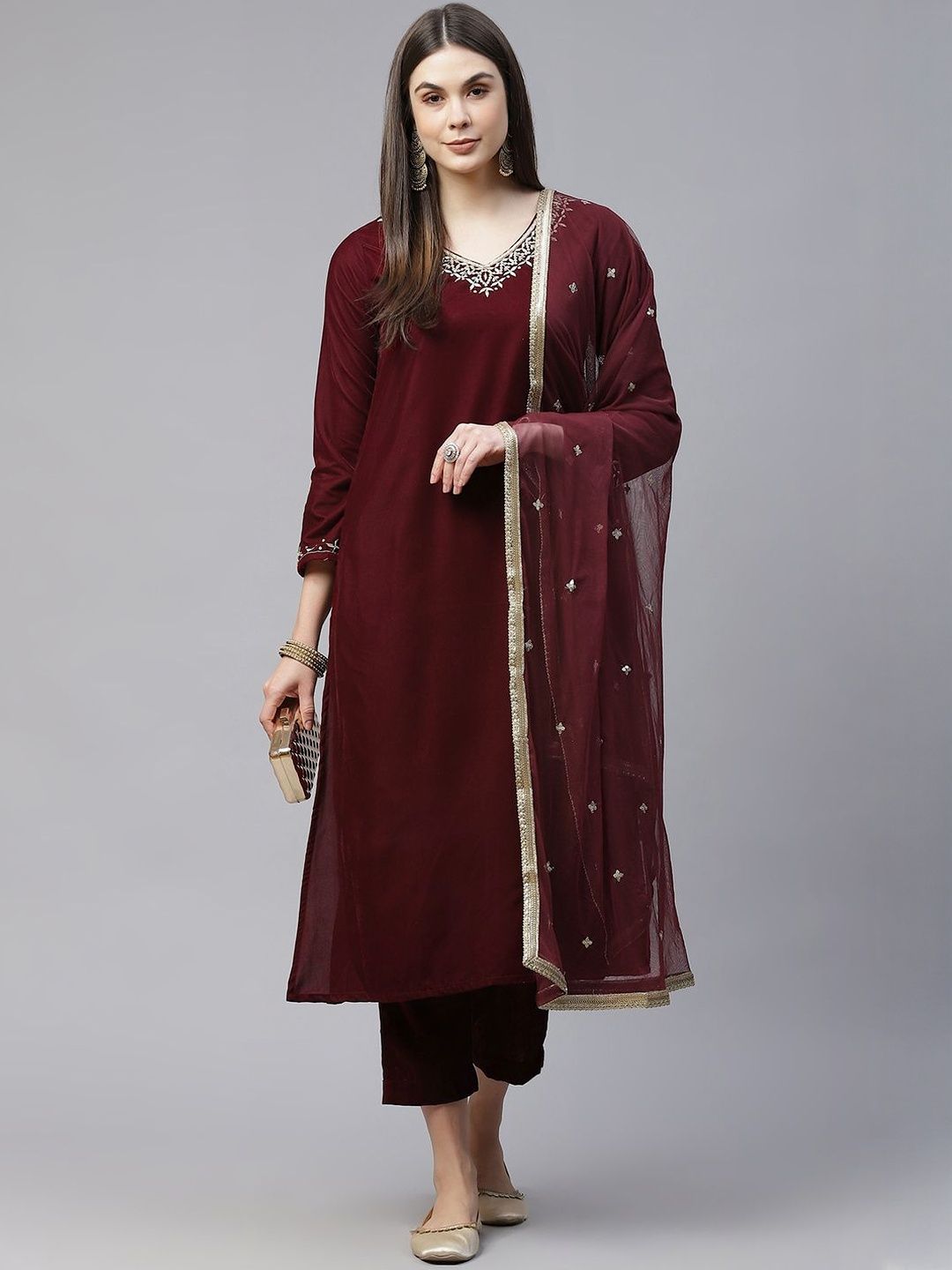 Dhiyona KL Women Ethnic Motifs Embroidered Work Velvet Kurta & Trousers With Dupatta