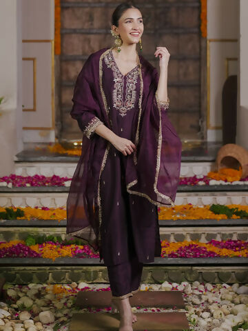 Women's Burgundy Embroidered Straight Kurta Trousers With Dupatta set