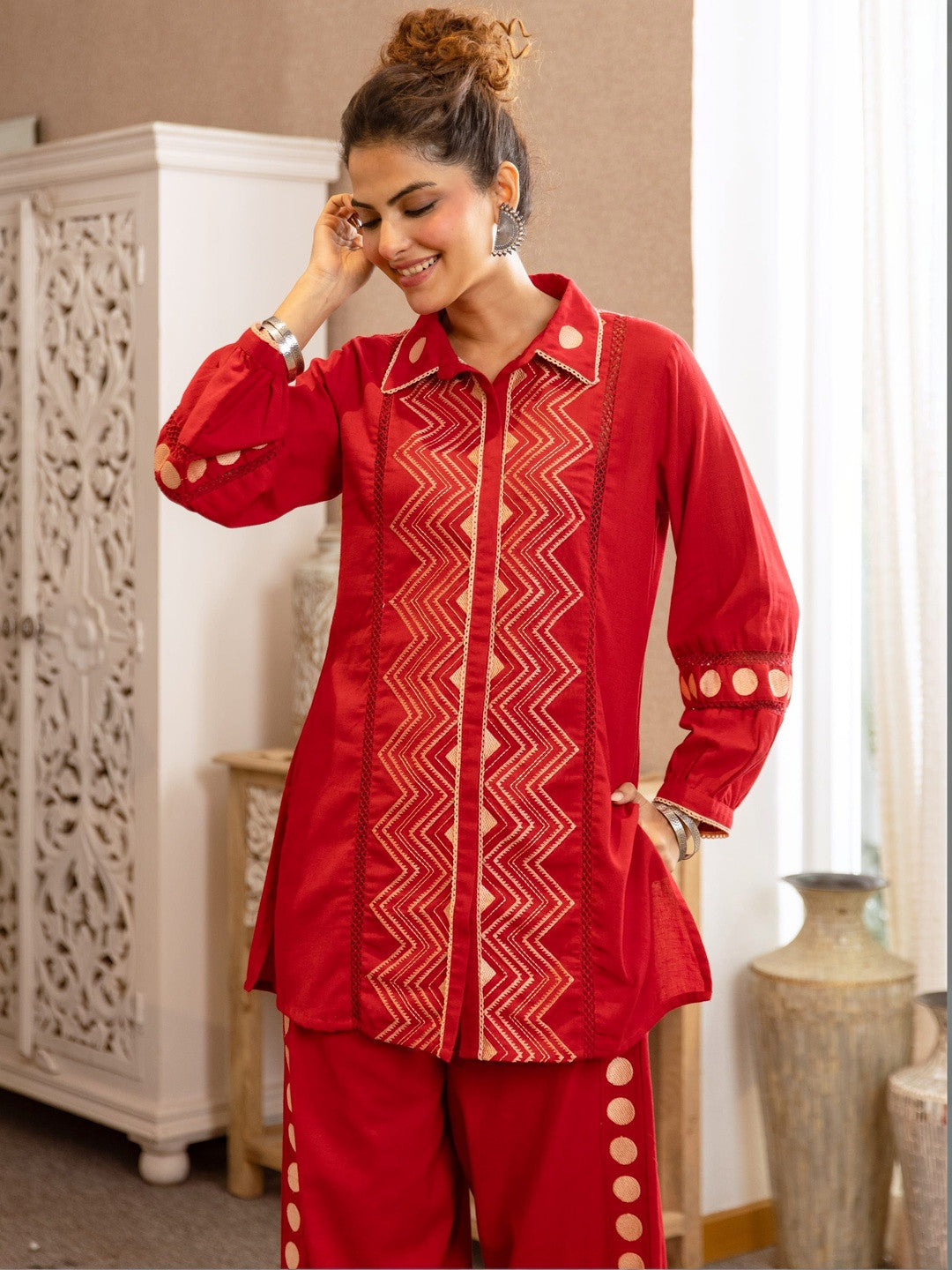 Printed Pure Cotton Shirt Collar Kurti & Trousers Kurta Sets