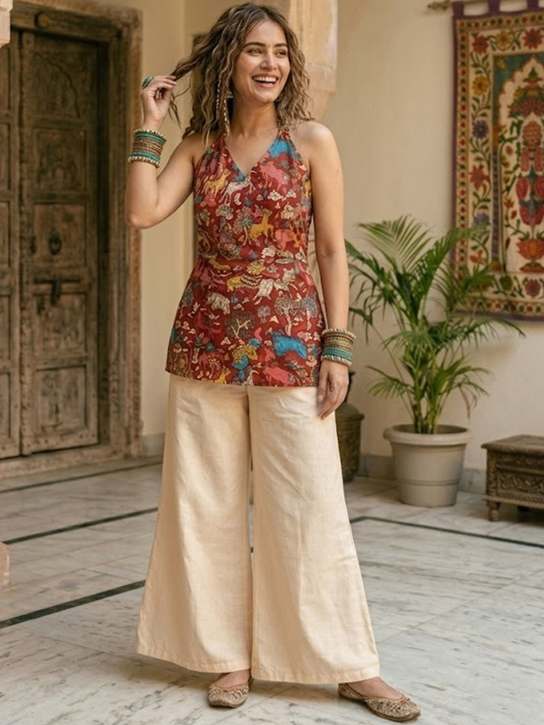Printed Pure Cotton Halter Neck Kurti & Palazzos