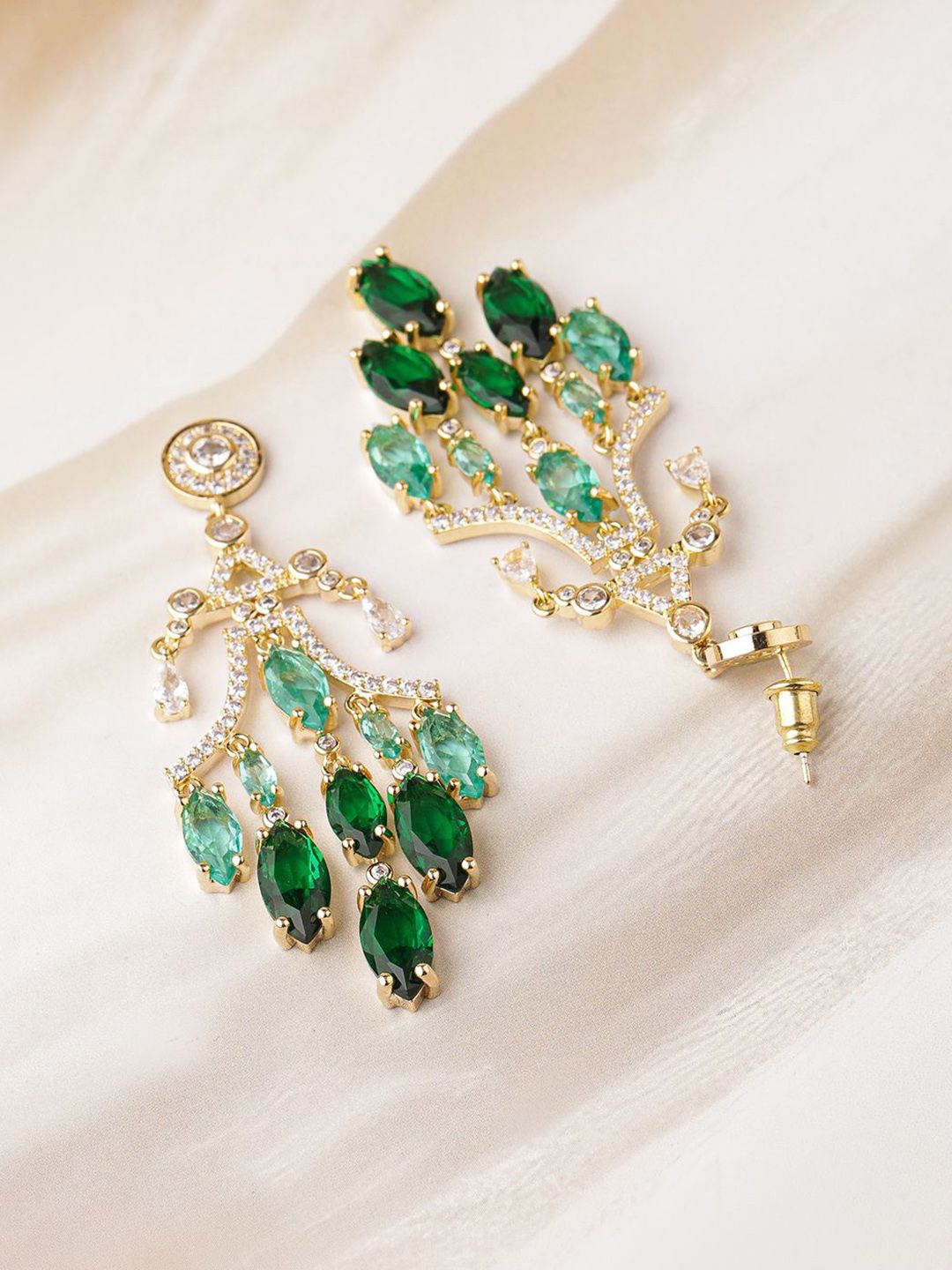 Dhiyona RJ Women's 22K Gold-Plated Emerald & Aqua Green AD & Cubic Zirconia Studded Chandelier Earring