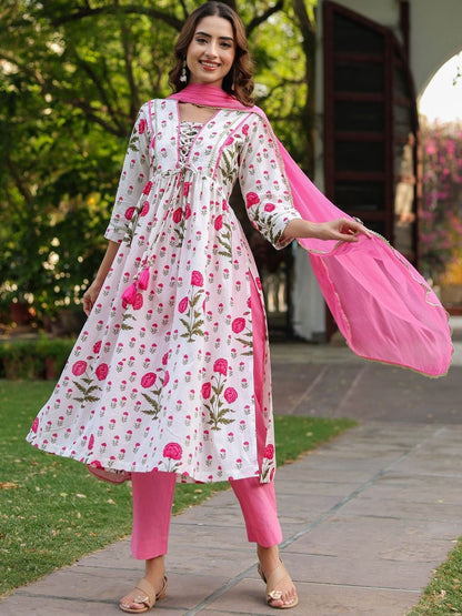 Dhiyona RR Women's Floral Printed Cotton Kurta with Trousers & Dupatta
