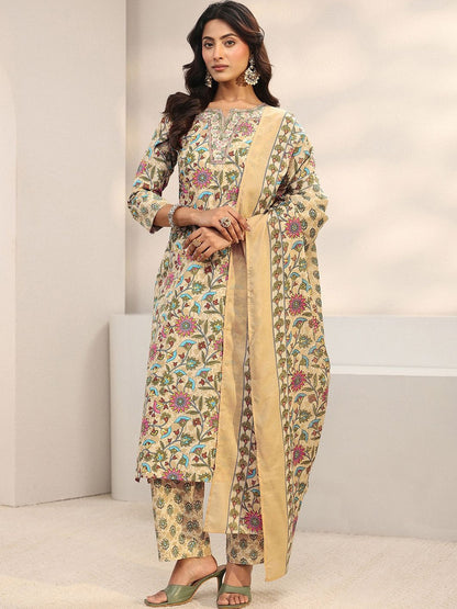 Women Floral Printed Regular Thread Work Kurta with Trousers & With Dupatta