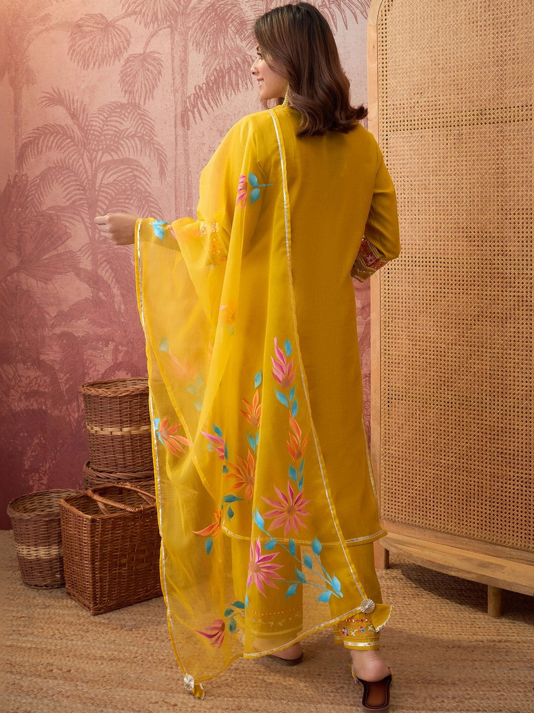 Embroidered Silk Blend Round Neck Kurta & Trousers With Dupatta