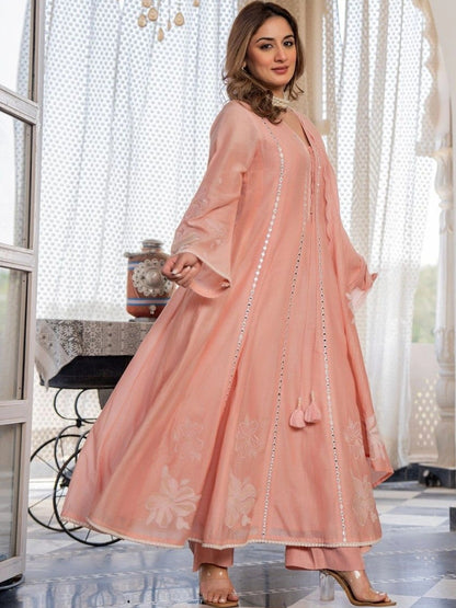 Women Floral Embroidered Regular Mirror Work Chanderi Silk Kurta with Trousers & With Dupatta