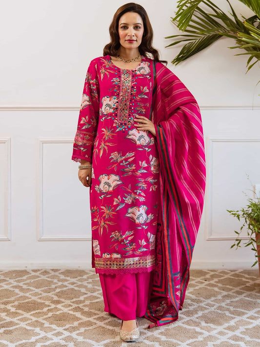 Dhiyona KL Women Floral Printed Regular Mirror Work Kurta with Palazzos & With Dupatta