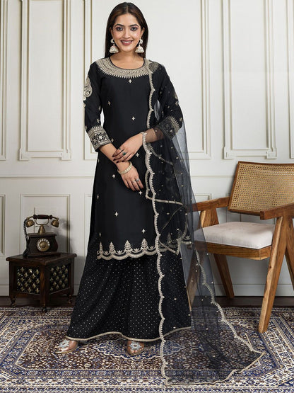 Dhiyona IN Women Ethnic Motifs Embroidered Regular Sequinned Kurta with Palazzos & Dupatta