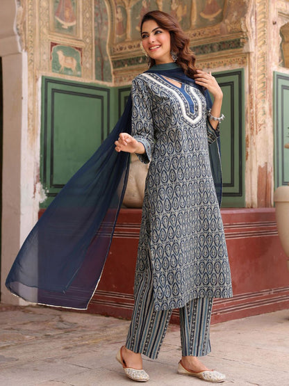 Dhiyona RR Women's Ethnic Motifs Printed Regular Pure Cotton Kurta with Trousers & With Dupatta