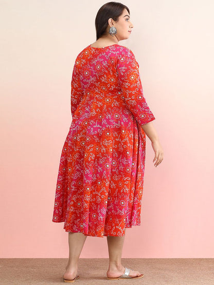 Dhiyona AY Women's Plus Size Ethnic Motifs Printed Pure Cotton A-Line Ethnic Dress