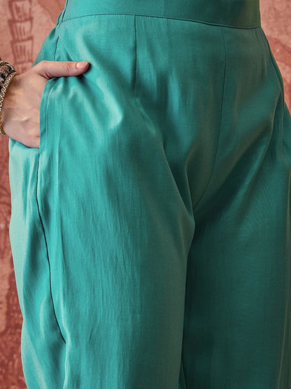 Embroidered V-Neck A-Line Kurta & Trousers With Dupatta