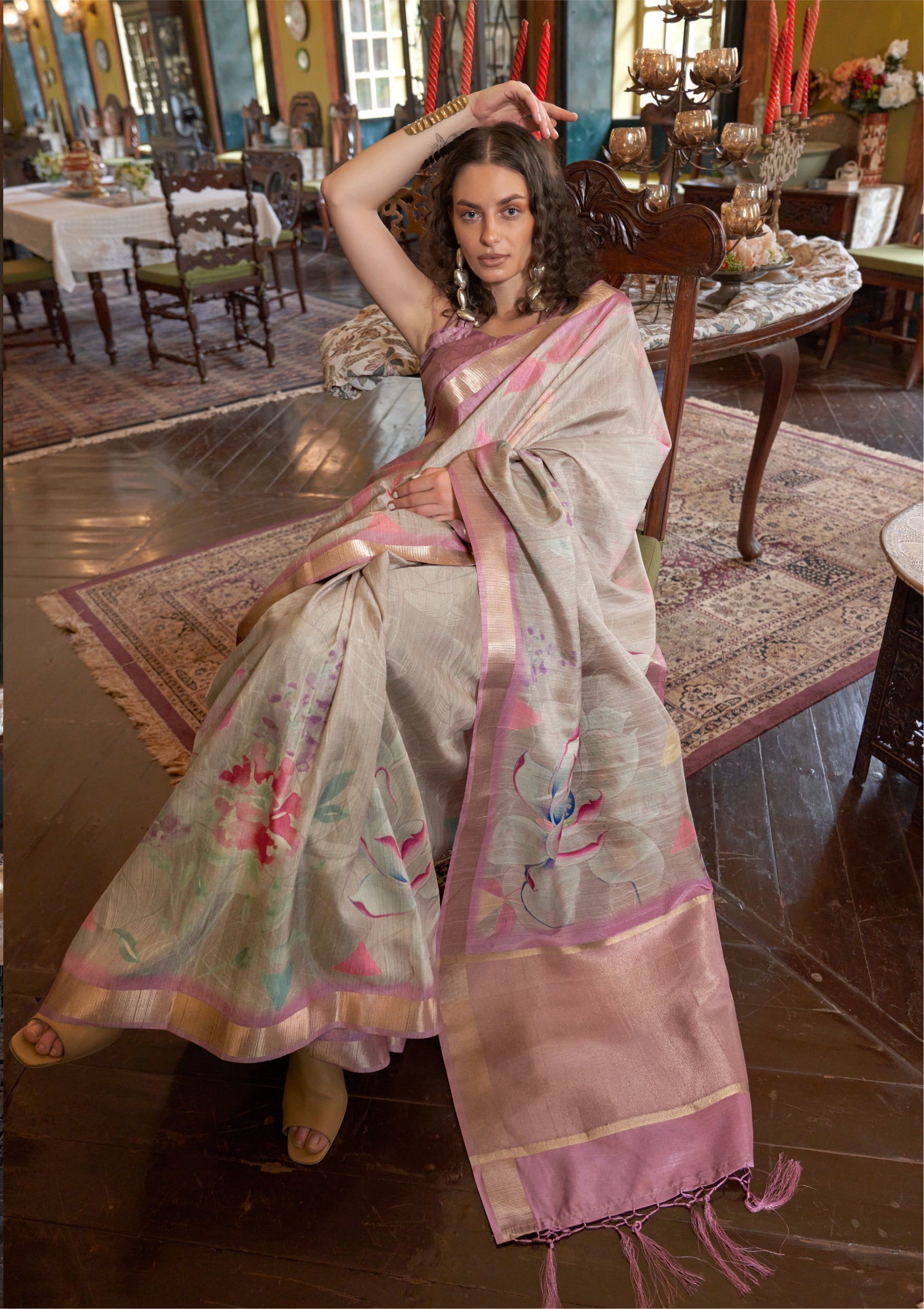 Dhiyona GR Women's Dusty Lavender & Grey Banarasi Digital Soft Silk Saree