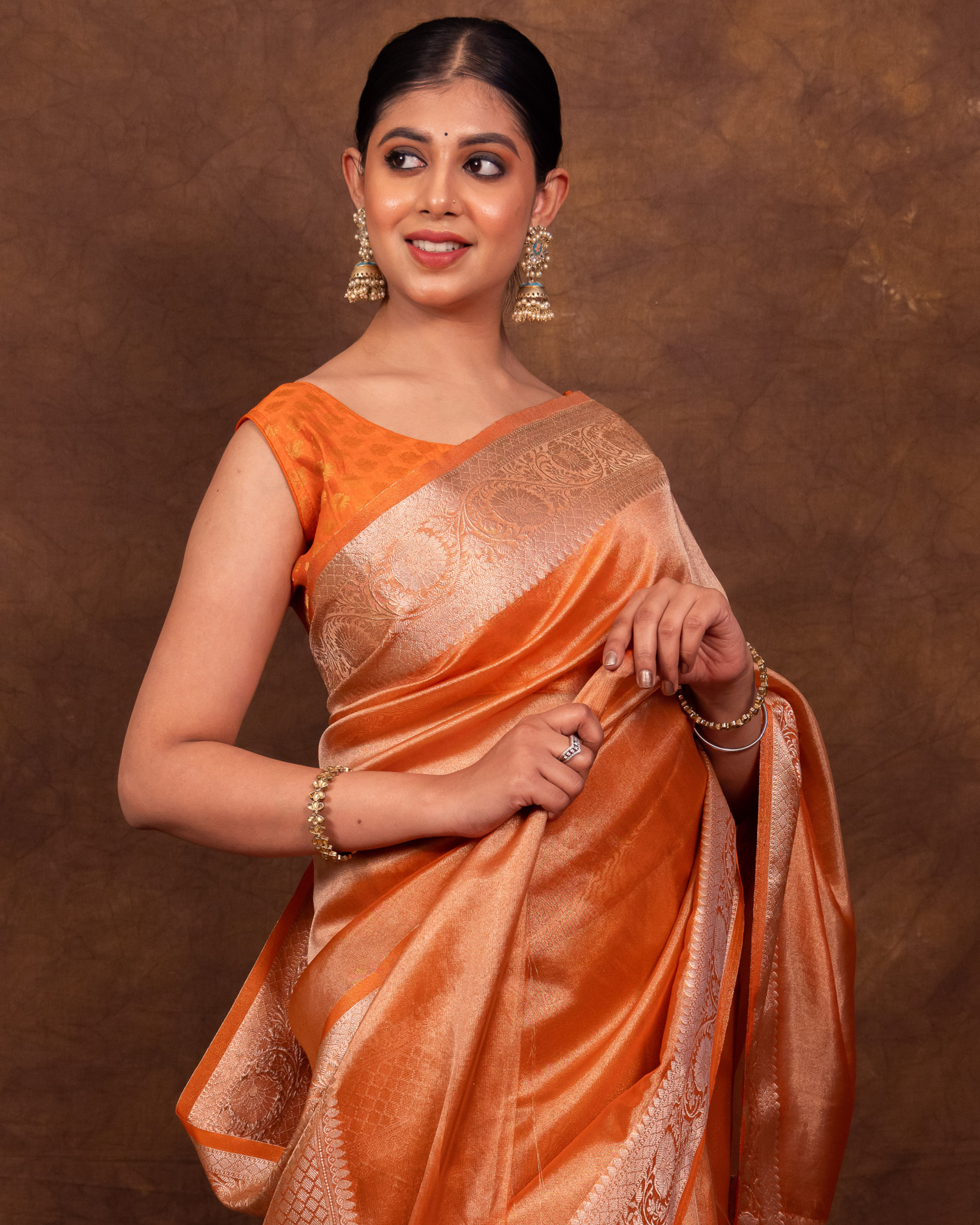 Dhiyona HH Rust Orange Banarasi Authentic Soft Tissue Silk Saree with Rich Pallu Woven Design