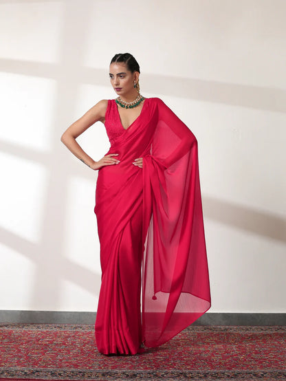 Dhiyona ST Ruby Butter Chiffon Pre-draped Saree with Self Blouse Fabric