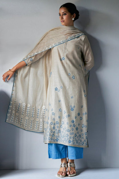 Women's Beige Woven Kurta Suit Set With Delicate Hand Work Detailing