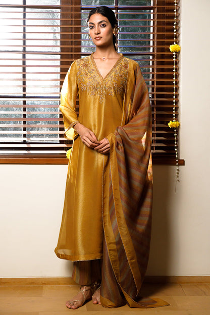 Women's Mustard Tissue Silk Festive Kurta Set