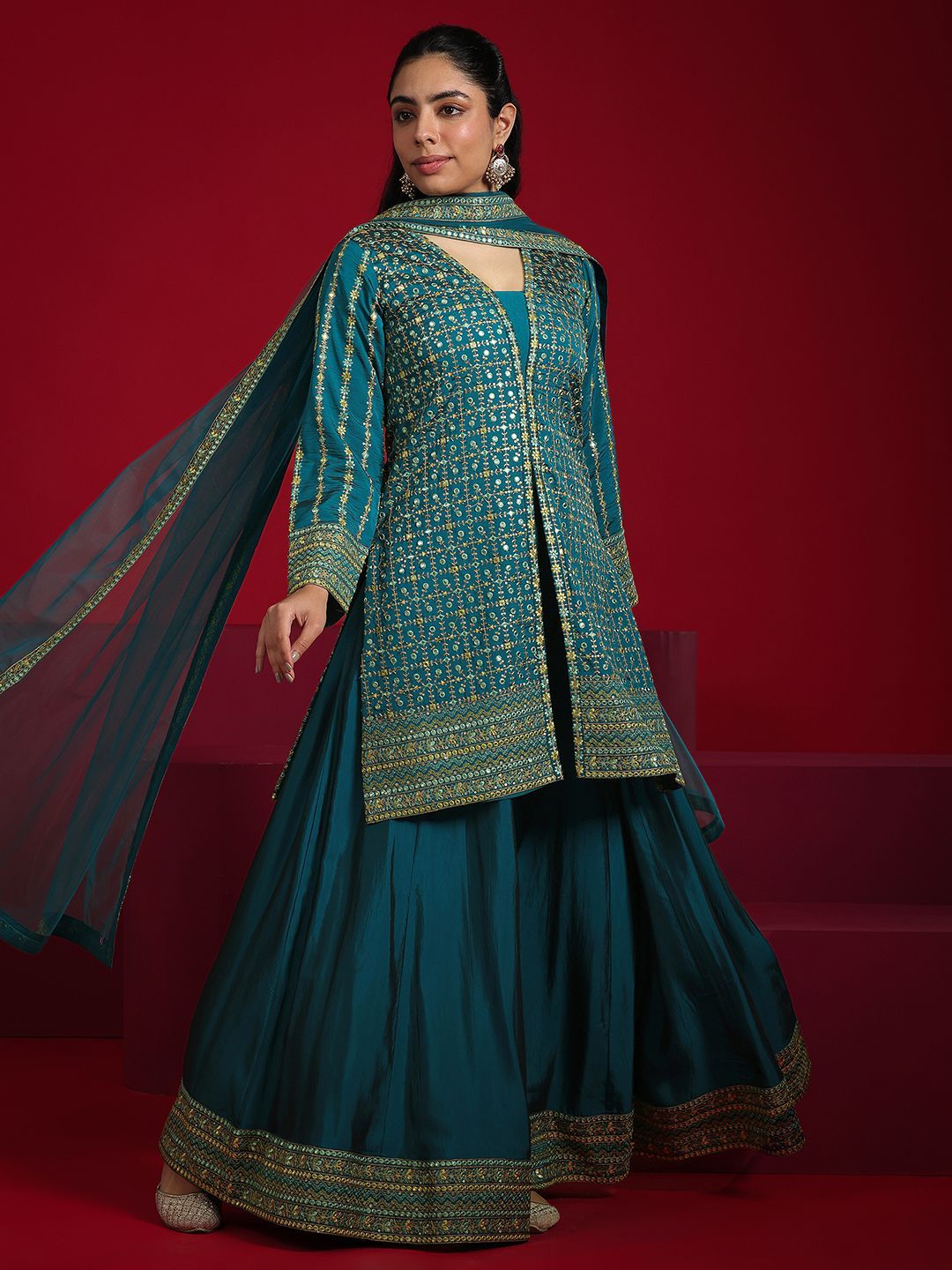 Dhiyona LL Ethnic Motifs Embroidered Mirror Work Straight Kurti with Palazzos & Dupatta
