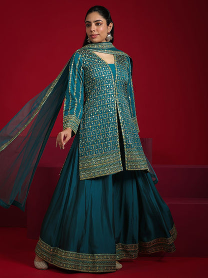 Dhiyona LL Ethnic Motifs Embroidered Mirror Work Straight Kurti with Palazzos & Dupatta