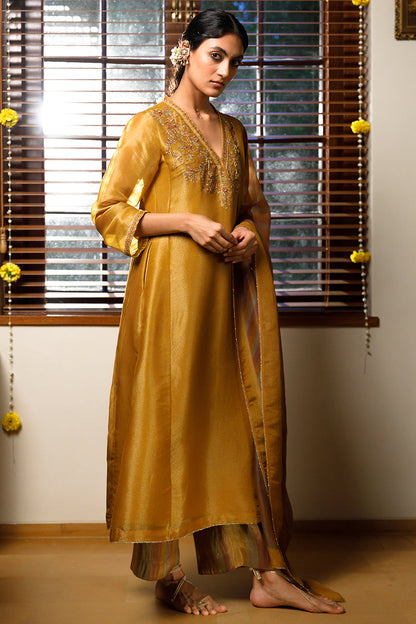 Women's Mustard Tissue Silk Festive Kurta Set