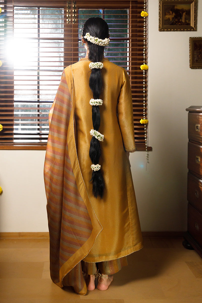 Women's Mustard Tissue Silk Festive Kurta Set