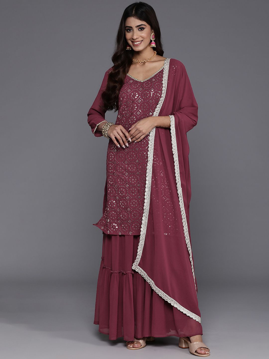 Dhiyona IE Women Embroidered Straight Sequinned Kurta with Sharara & With Dupatta