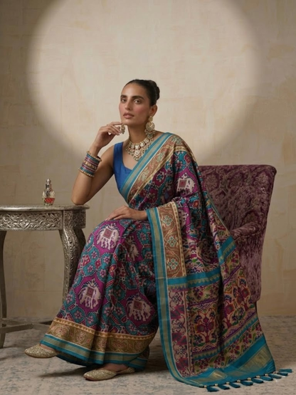 Dhiyona ST Blue Silk Patola Saree with Self Blouse Fabric