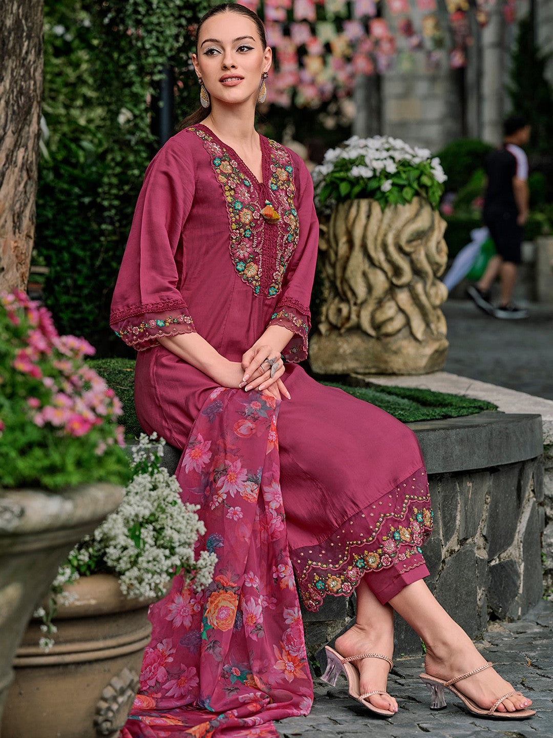 Floral Yoke Design Thread Work A-Line Kurta With Trousers & Dupatta