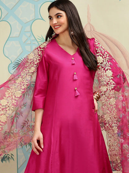 Dhiyona IS Women's Printed V-Neck Three-Quarter Sleeves Kurta with Trousers & With Dupatta