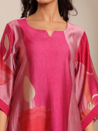 Fuchsia Abstract Printed Notch Neck Chanderi Silk Straight Kurta With Trousers