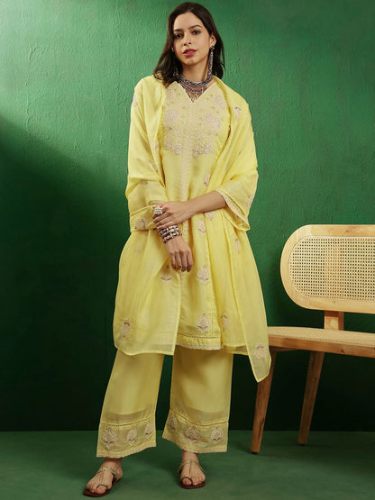 Dhiyona SN Yellow & White Embroidered Organza Panelled Straight Kurta With Palazzos & Dupatta