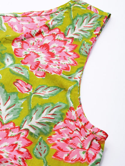 Dhiyona AN Women Green & Pink Floral Printed Kurta with Sharara & Dupatta