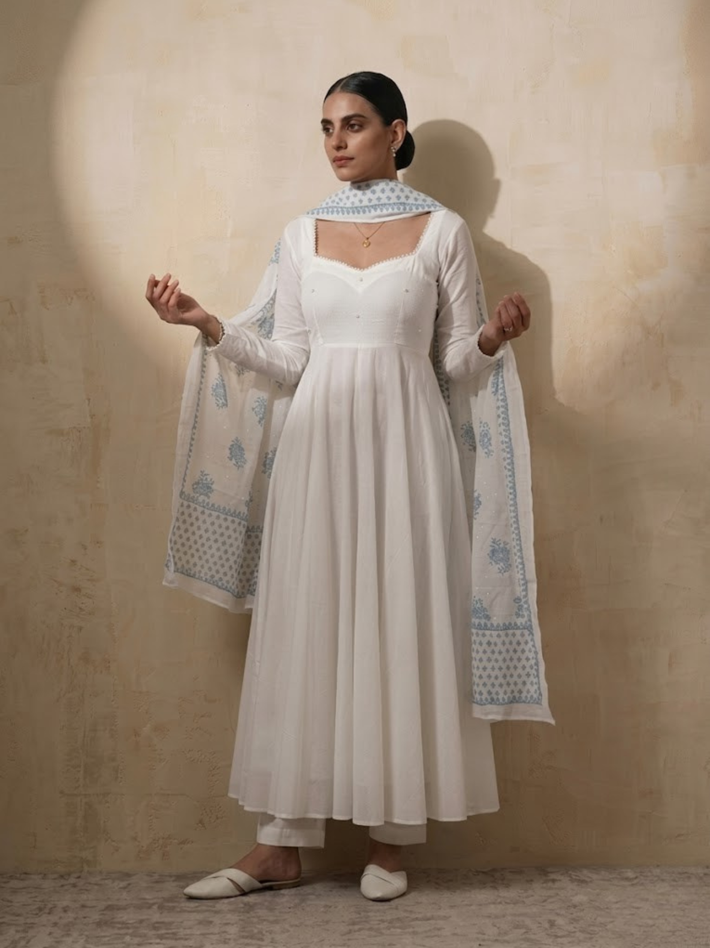 Dhiyona ST 3 Pc Set - White Cotton Anarkali with Pearls and Blue White Handblock Printed Dupatta