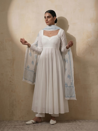 Dhiyona ST 3 Pc Set - White Cotton Anarkali with Pearls and Blue White Handblock Printed Dupatta
