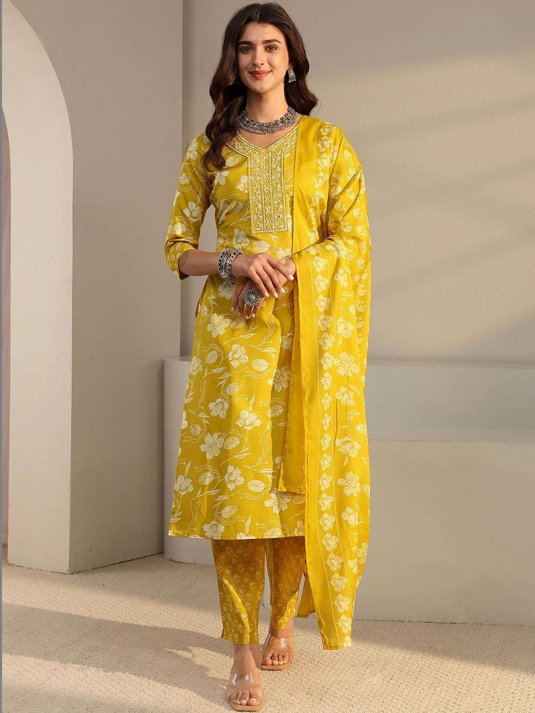 Libas Yellow Floral Printed Straight Suit Set with Dupatta