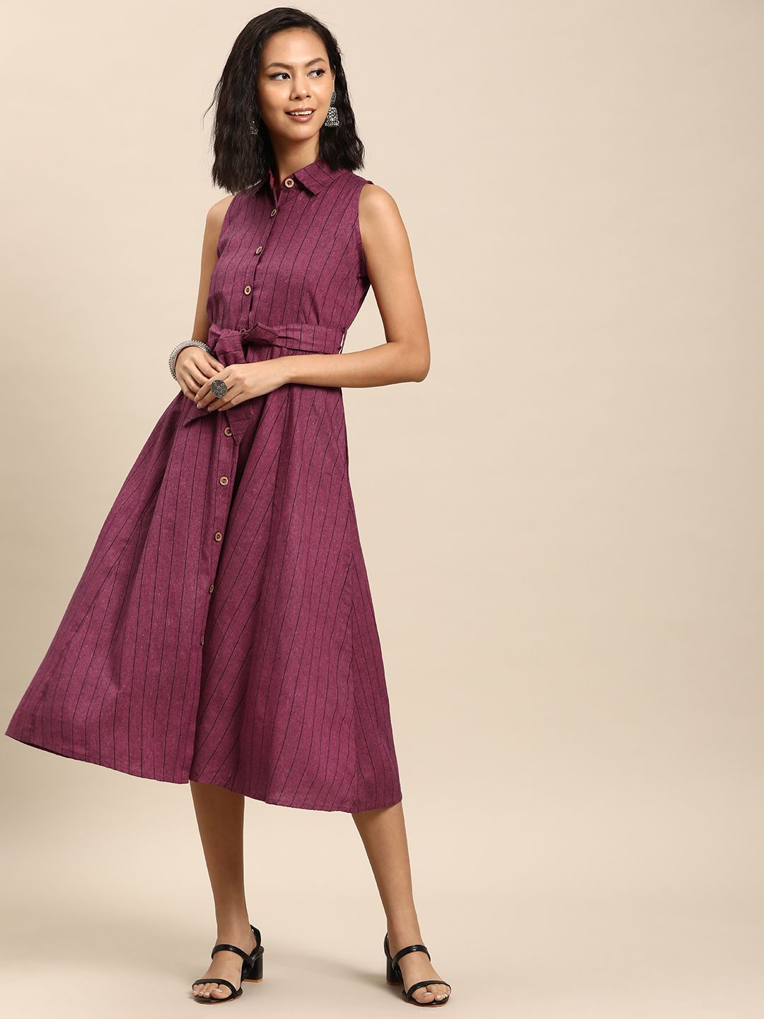 Dhiyona AY Women's Striped A-Line Cotton Midi Dress
