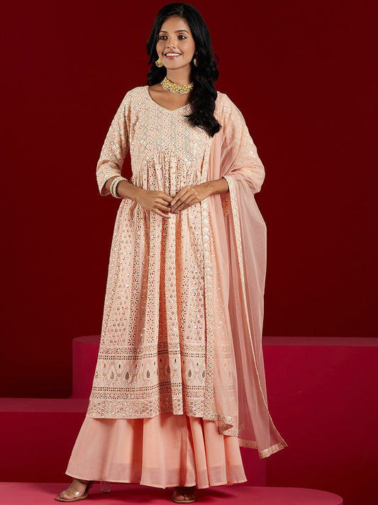 Ethnic Motifs Embroidered Sequinned Georgette Kurta with Palazzos & Dupatta