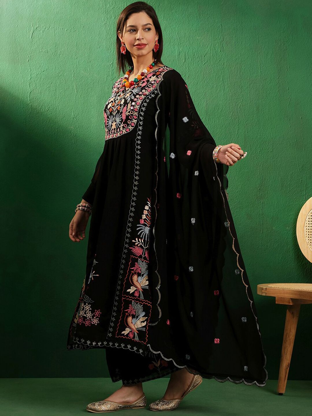 Dhiyona SN V Neck Floral Embroidered A Line Kurta with Palazzos & Dupatta