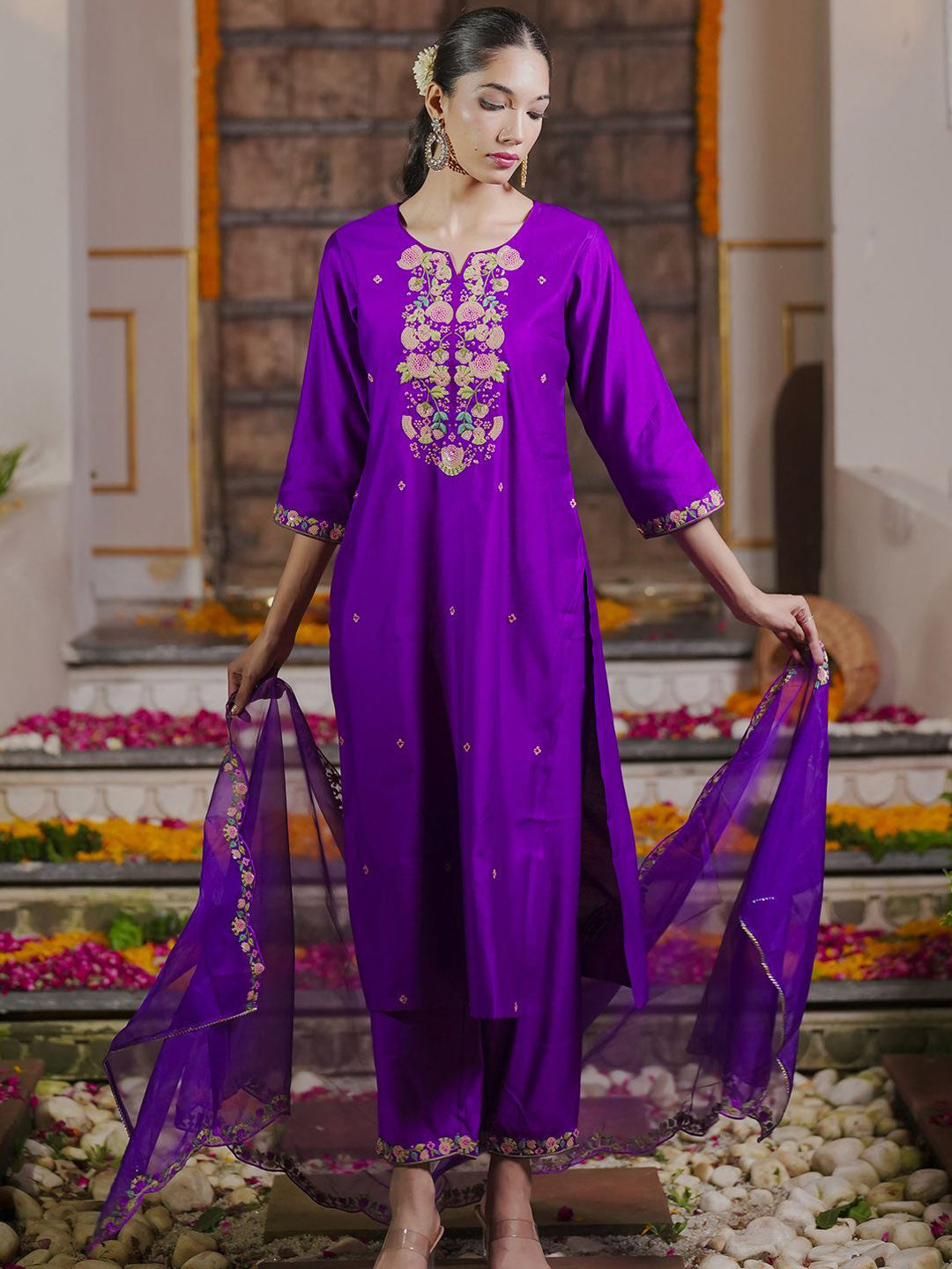 Floral Embroidered Sequinned Liva Kurta With Trousers & Dupatta