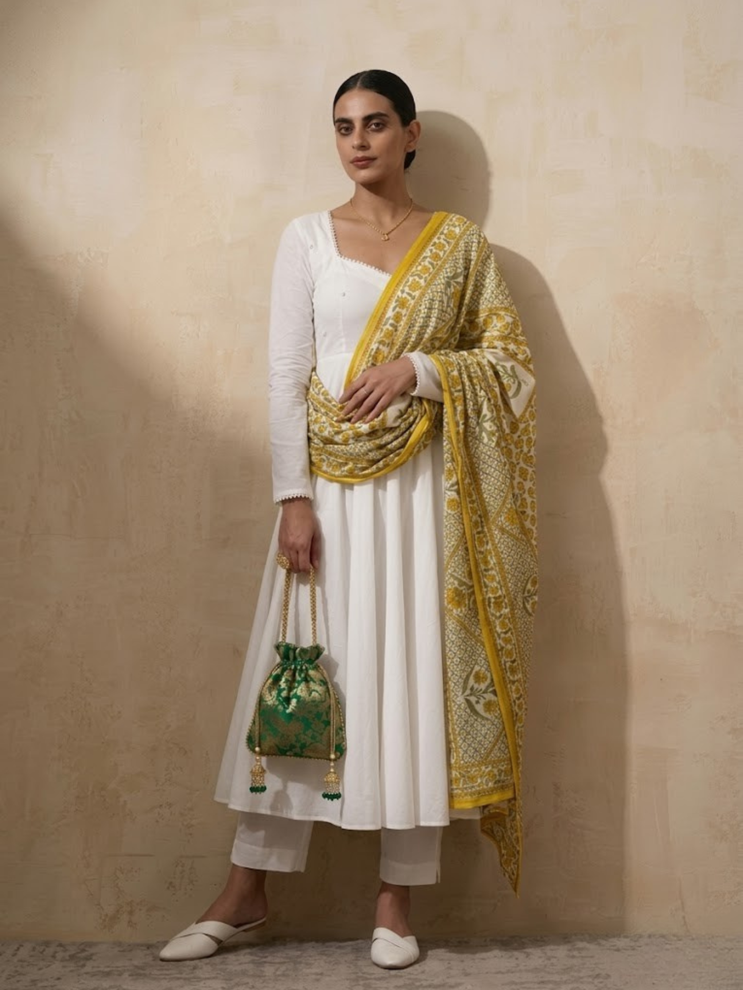 Dhiyona ST 3 Pc Set - White Cotton Anarkali with Pearls and Yellow Printed Dupatta