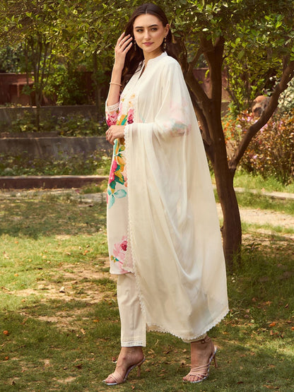 Dhiyona IE Mandarin Collar Floral Printed Beads and Stones Kurta with Trouser & Dupatta
