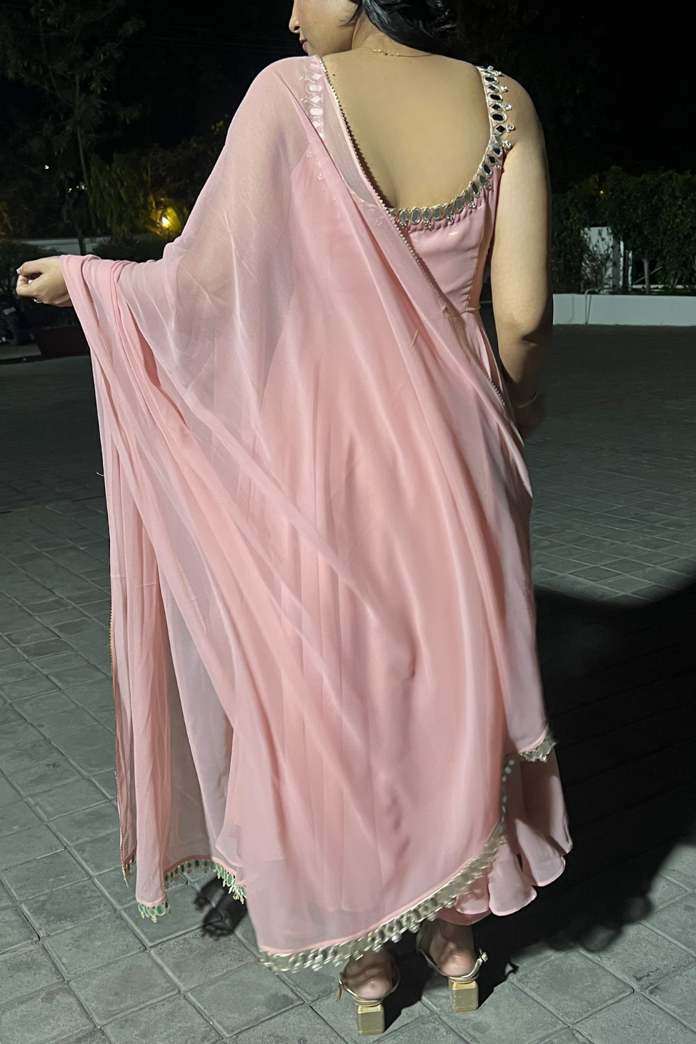 Dhiyona ST 3 pc Suit - Pink Georgette Sleevless Anarkali with Mirror