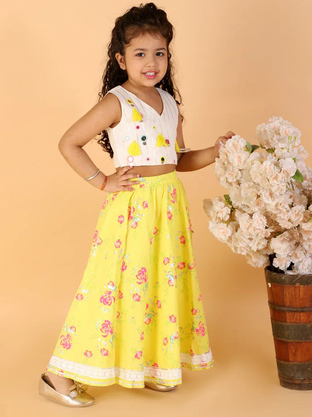 Girls stylish mirror handwork choli with printed ghaghra set