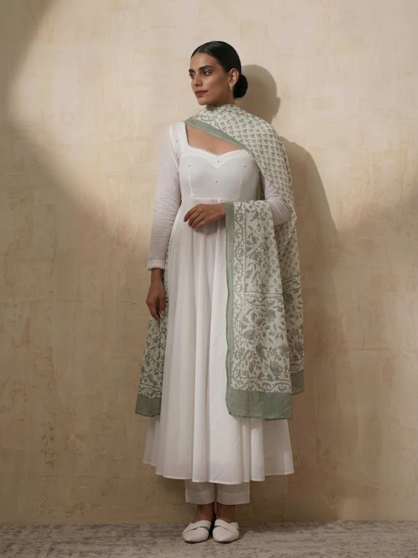 Dhiyona ST 3 Pc Set - White Cotton Anarkali with Pearls and Green Handblock Printed Dupatta