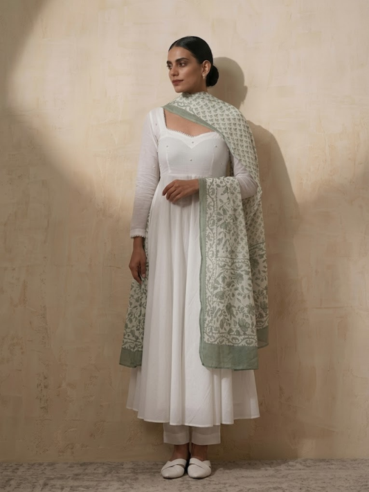 Dhiyona ST 3 Pc Set - White Cotton Anarkali with Pearls and Green Handblock Printed Dupatta