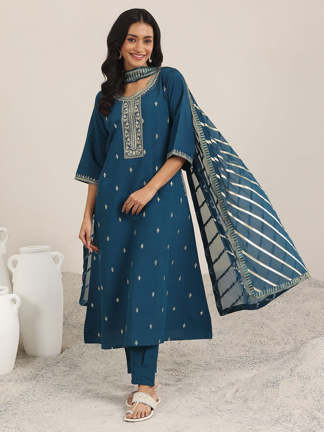 Blue Round Neck Floral Zari Embroidered A-Line Kurta With Trouser And Dupatta