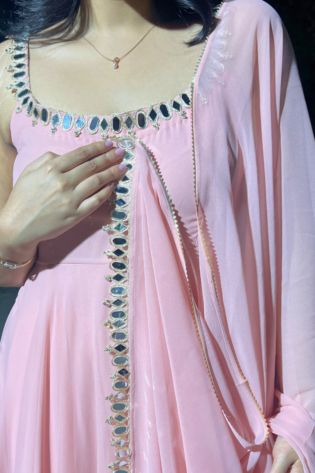 Dhiyona ST 3 pc Suit - Pink Georgette Sleevless Anarkali with Mirror