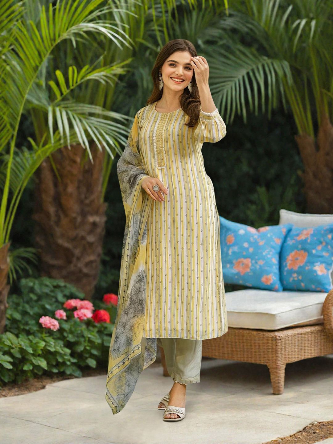 Dhiyona IS Women's Women Striped Thread Work Silk Chiffon Kurta with Trousers & Dupatta