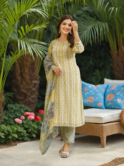 Dhiyona IS Women's Women Striped Thread Work Silk Chiffon Kurta with Trousers & Dupatta